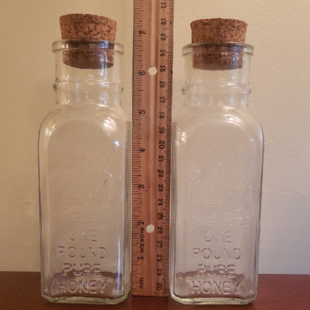 Set Of Two (2) Glass Honey Muth Jars with Cork Lids